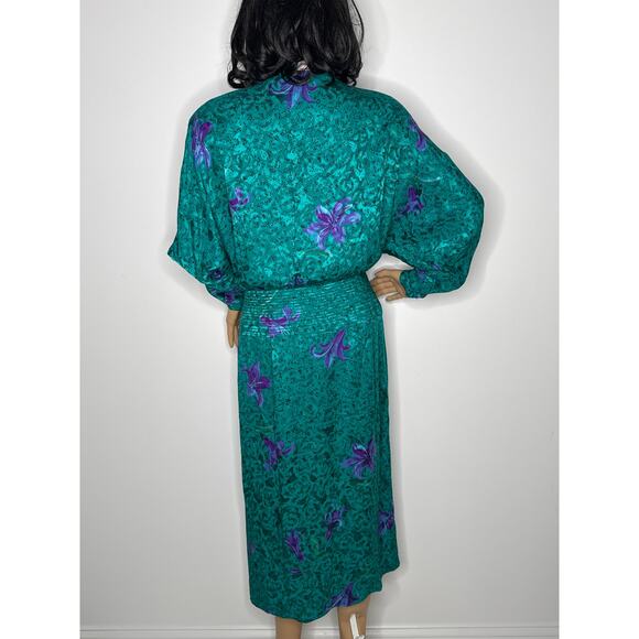 Vintage Maggy London by Jeannene Booher 80s Teal Silk Floral Midi Dress medium - Picture 6 of 17